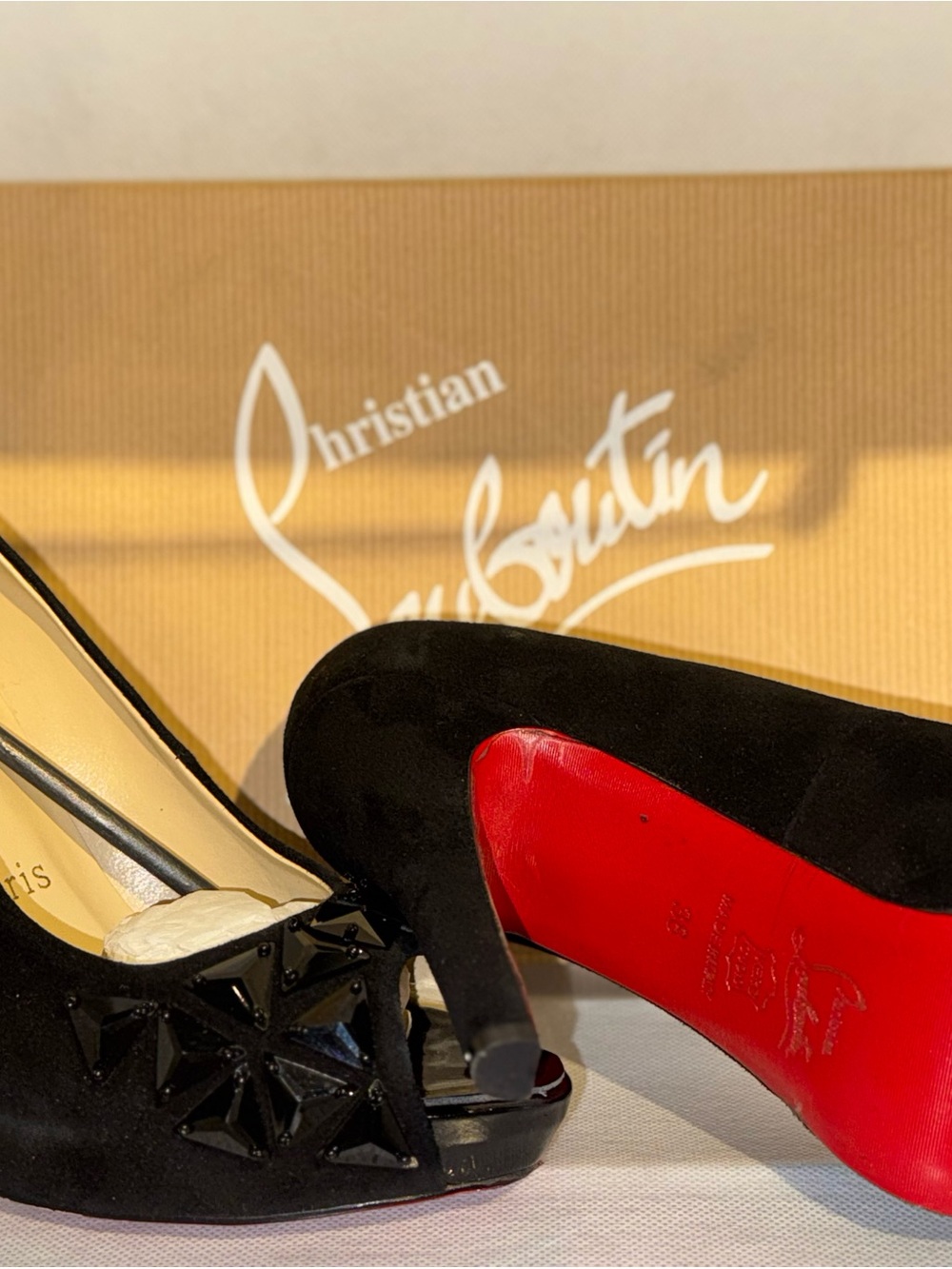 Christian Louboutin Black Studded Peep-Toe Pumps - Picture 2 of 5